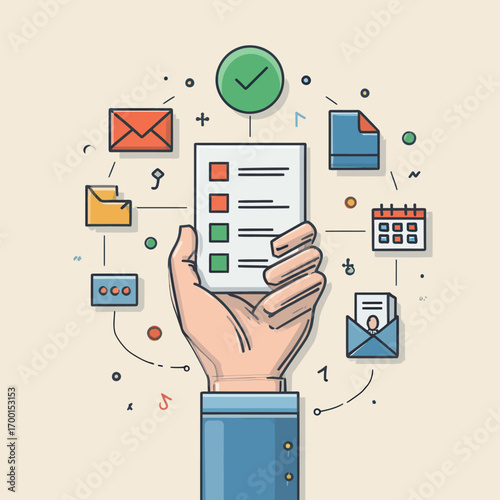 Hand displaying a checklist surrounded by various communication icons. This illustrates the importance of organization and productivity in daily tasks and communications.