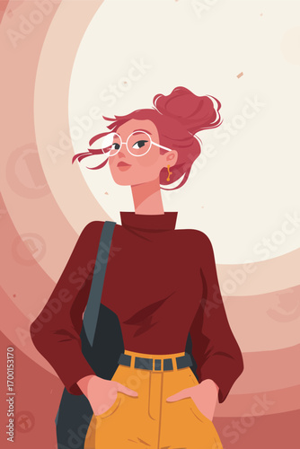 A confident woman stands with her hands in her pockets, wearing a red sweater and yellow pants, framed by a warm circular background that enhances her stylish look.