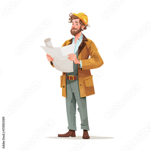 A construction worker stands holding blueprints while wearing a safety helmet and a coat.