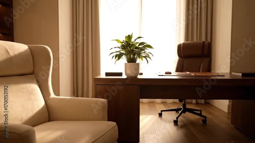 Wallpaper Mural An elegantly furnished professional office space, bathed in soft natural light, features a sophisticated wooden desk, a comfortable armchair, and a vibrant potted plant. Torontodigital.ca