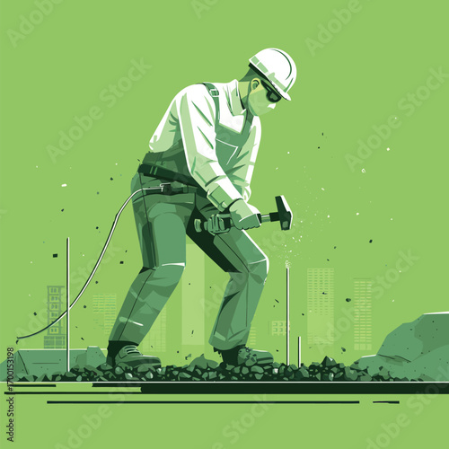 A construction worker in protective gear is actively using a hammer to break ground. The vibrant green background highlights the urban construction site atmosphere.