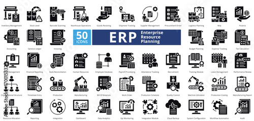 Enterprise Resource Planning glyph style contains 50 icons including invoicing, budget planning, expense tracking, tax calculation, asset management, financial reporting simple vector 