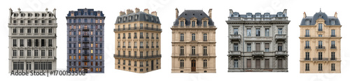 Parisian apartment building facades set including Haussmannian, ornate, and corner styles isolated. European urban architecture elements.