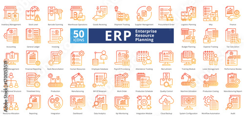 Enterprise Resource Planning outline gradient style contains 50 icons including production schedule, quality control, machine utilization, production costing, manufacturing report simple vector 