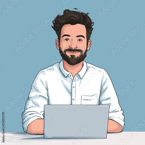 A young man with curly hair and a beard smiles while sitting at a desk with a laptop. The background is a soft light blue, creating a cheerful work atmosphere.