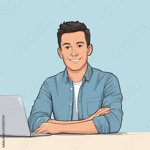 A young man seated at a modern desk shows a friendly expression while working on a laptop in a light-colored workspace.