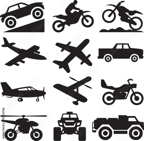 Collection of black vehicle and transport icons on white background Keywords: car, truck