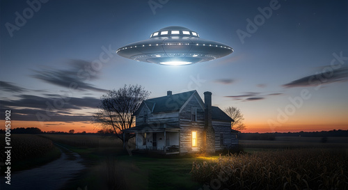 UFO Hovering Over Farmhouse at Dusk: An Encounter of the Third Kind
