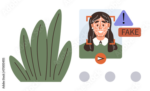 AI facial scan detects deepfake identity next to leafy background. Alert icons highlight fake content. Ideal for cybersecurity, AI ethics, media analysis, digital trust, misinformation, identity