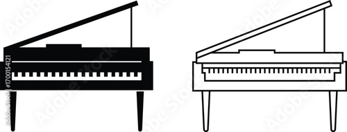 Black silhouette of upright piano icon set, isolated on transparent background. Graphic illustration. concept of musical instrument, classical music, piano recital, icon, logo, design element.