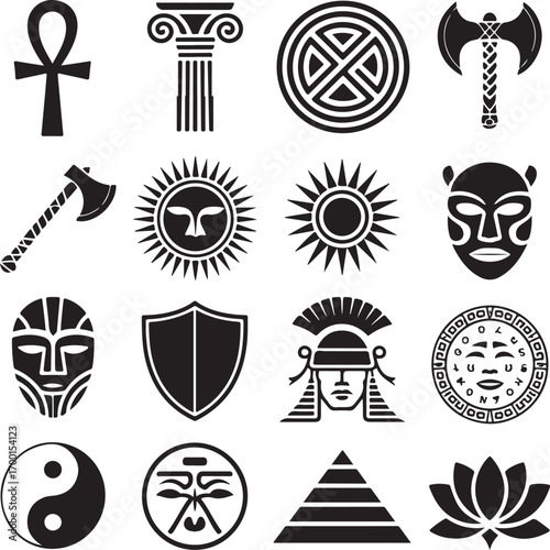 Diverse Ancient Symbols and Cultural Icons in Black Silhouette Keywords: ankh, egyptian cross