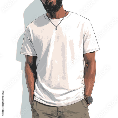 A man stands relaxed with hands in pockets, showcasing a plain white t-shirt and khaki pants.
