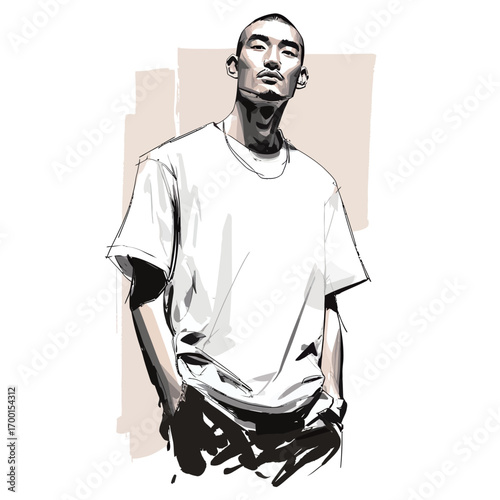 A confident man with a shaved head wears a plain white shirt and dark pants, posing with hands in pockets against a soft, neutral background. His stance exudes style and attitude.