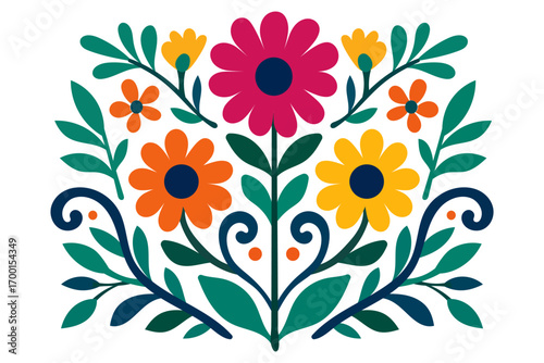 Mexican flower floral folk art boho colorful vector illustration with pattern for decorative botanical. Folk art blooms with bright petals and leaves for posters or cards. Modern vector art.