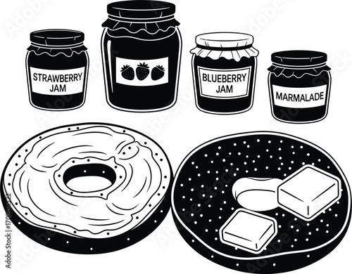 BasiCCSuFunnCartoon Breakfast Set with Bagels and Spreads Silhouette Vector.