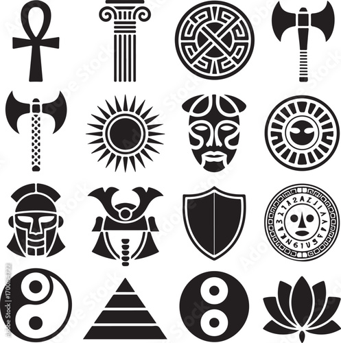 Assortment of Ancient Symbols Cultural Icons and Geometric Shapes Keywords: ankh, egyptian symbol