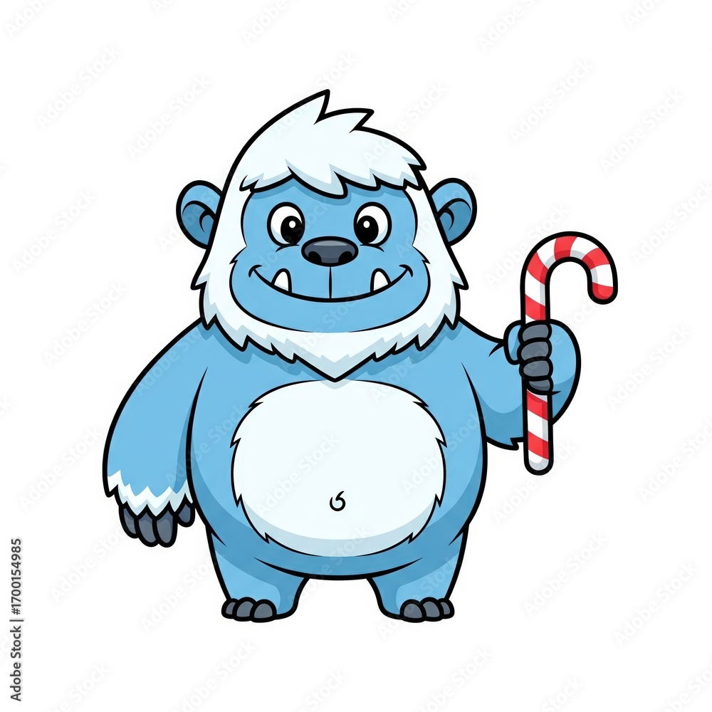 Fototapeta premium Cheerful blue yeti character holding a candy cane in a wintery, cartoon setting