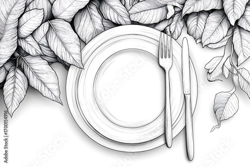 Elegant dining tableware with fork knife and plate in monochrome illustration