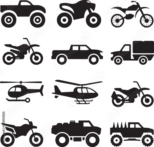 Collection of black vehicle and transportation icons on white background quad bike motorcycle