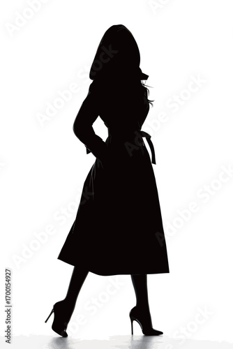 A person in a long black coat and high heels stands confidently with a striking silhouette, creating a dramatic effect.