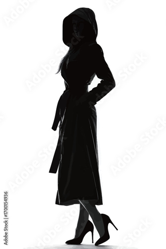 A confident figure stands in silhouette, wearing a hooded coat paired with striking high heels, creating an intriguing contrast against the bright background.