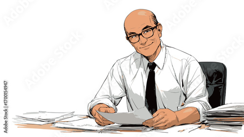 A confident man wearing glasses sits at a cluttered desk reviewing paperwork. The bright office atmosphere highlights his focused expression as he engages in work.
