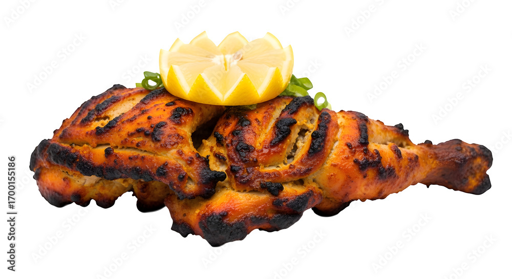 Fototapeta premium Savory grilled chicken leg with a bright lemon slice and fresh herbs, a delicious gourmet meal.