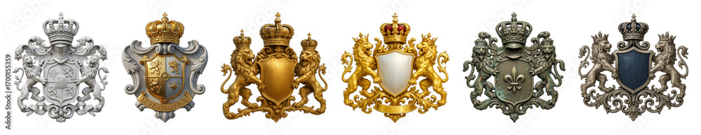 Fototapeta premium Heraldic crests set including gold, silver, antique, crown, and lion variations isolated. Luxury branding and design elements.