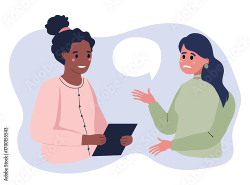 Psychotherapy session - woman talking to psychologist. Female patient and female psychologist. Emotional well-being, stress relief. Mental health concept. Flat vector illustration.
