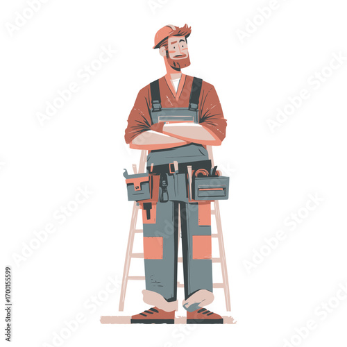 A skilled worker stands proudly by a ladder, showcasing a variety of tools attached to his belt. He exudes professionalism and readiness in a well-lit environment.