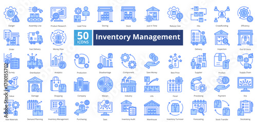 Inventory Management blue style contains 50 icons including danger, assembly line, product research, lead time, storing, stock, just in time 