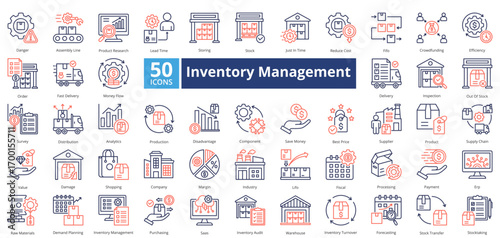 Inventory Management dual tone style contains 50 icons including reduce cost, fifo, crowdfunding, efficiency, fast delivery, money flow, delivery, inspection 