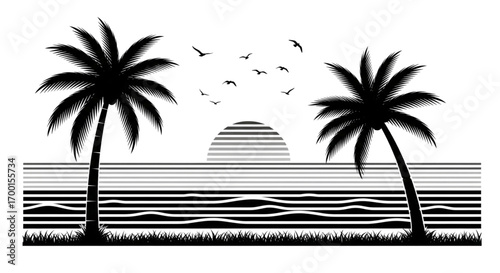 Striking black and white minimalist graphic art of a tropical beach sunset with two silhouetted palm trees, flying birds, and striped sea.
