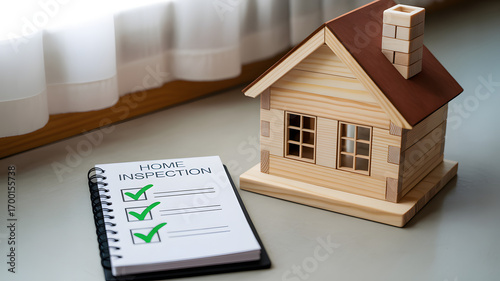 Home Inspection Concept: A miniature wooden house sits alongside a home inspection checklist with all green ticks marked.