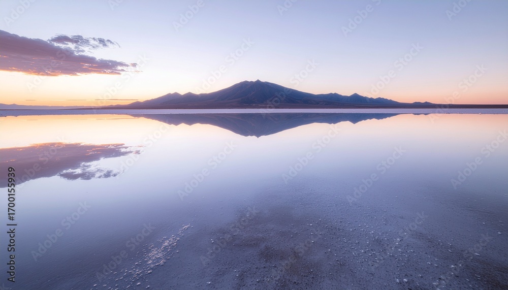 Fototapeta premium Calm, tranquil lake reflecting a mountain silhouette at sunrise or sunset.