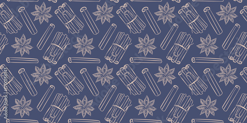 Seamless pattern with line art style cinnamon stick and star anise on a dark blue background for spice and culinary themed decorative design.