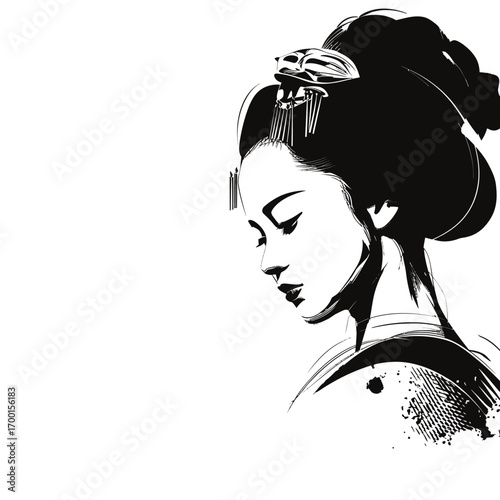 A graceful profile of a traditional Japanese woman adorned with an ornate hairpiece. She appears contemplative, embodying cultural beauty during an event.