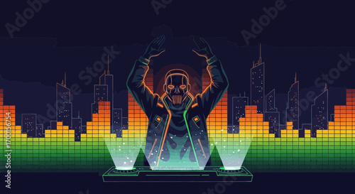 A futuristic masked DJ performing in a neon-lit cityscape with dynamic soundwave visuals