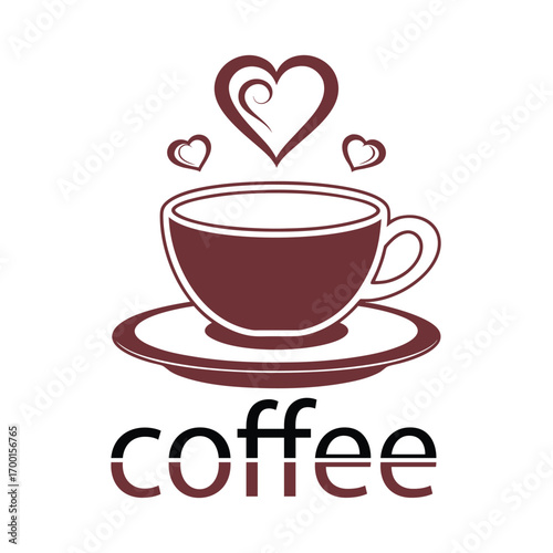 Brown coffee cup with hearts and word coffee saucer love
