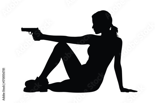 Silhouette vector illustration of a woman aiming a handgun icon scalable eps graphic silhouette vector illustration white background