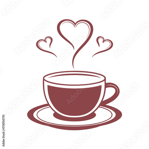 Brown coffee cup with steam forming hearts on white background saucer drink