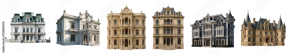Naklejka premium Historic mansion set including grand facades, ornate details, and various roof styles isolated. Luxury architecture and real estate design.
