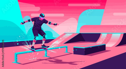 A skater grinds a rail at the skate park in a colorful and stylized vector illustration