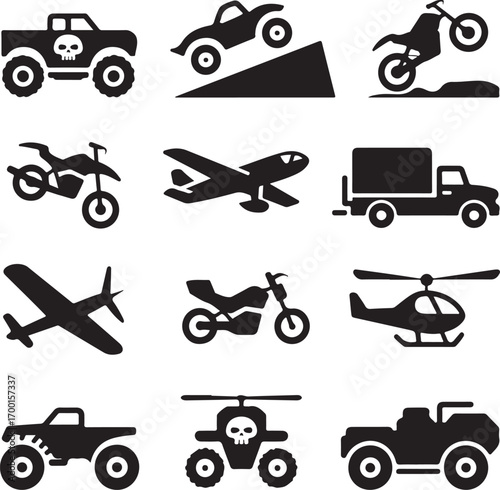Off Road Vehicles and Aircraft Silhouette Icons Collection monster truck skull