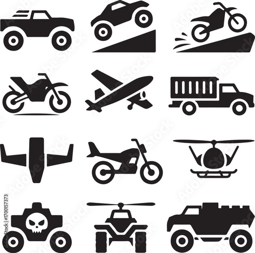 Action Vehicles and Aircraft Silhouette Icons Assortment truck pickup