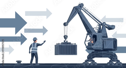 A stylized illustration depicting a port crane lifting a shipping container with workers direction
