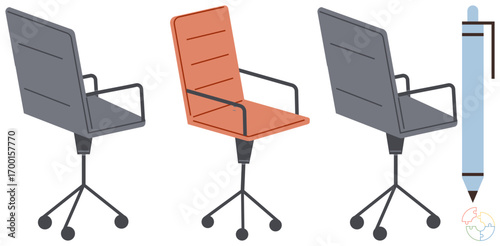 Trio of office chairs with wheeled bases and armrests in gray and orange variations alongside a pen. Ideal for teamwork, workspace, creativity, productivity, simplicity, modern design, and innovation