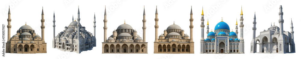 Fototapeta premium Mosque architecture set including various Islamic buildings with domes and minarets isolated. Religious and cultural landmarks collection.