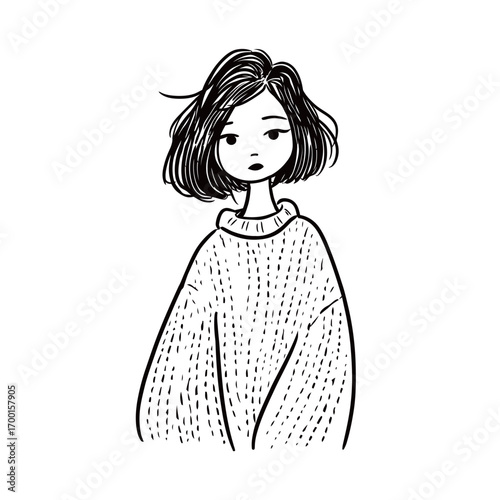 A young woman stands with a calm expression, her short hair gently tousled. She wears a chunky sweater, creating a cozy aesthetic in this minimalist black and white style.