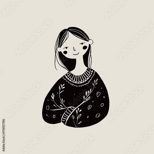 A delightful character with long hair and a joyful expression wears a cozy sweater adorned with floral designs against a soft background.
